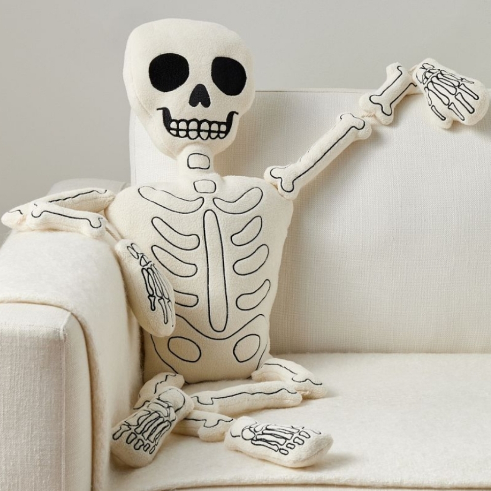 Pottery Barn Mr. Bones Skeleton Holiday Pillow NEW Black White Halloween Spooky